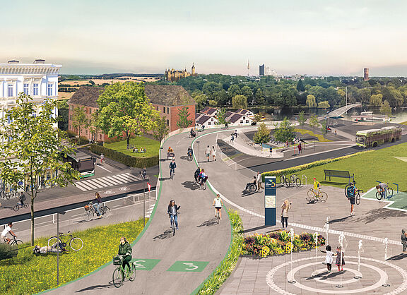 eine Darstellung, wieein Radschnellweg im Umland von Lübeck potentiell aussheen könnte