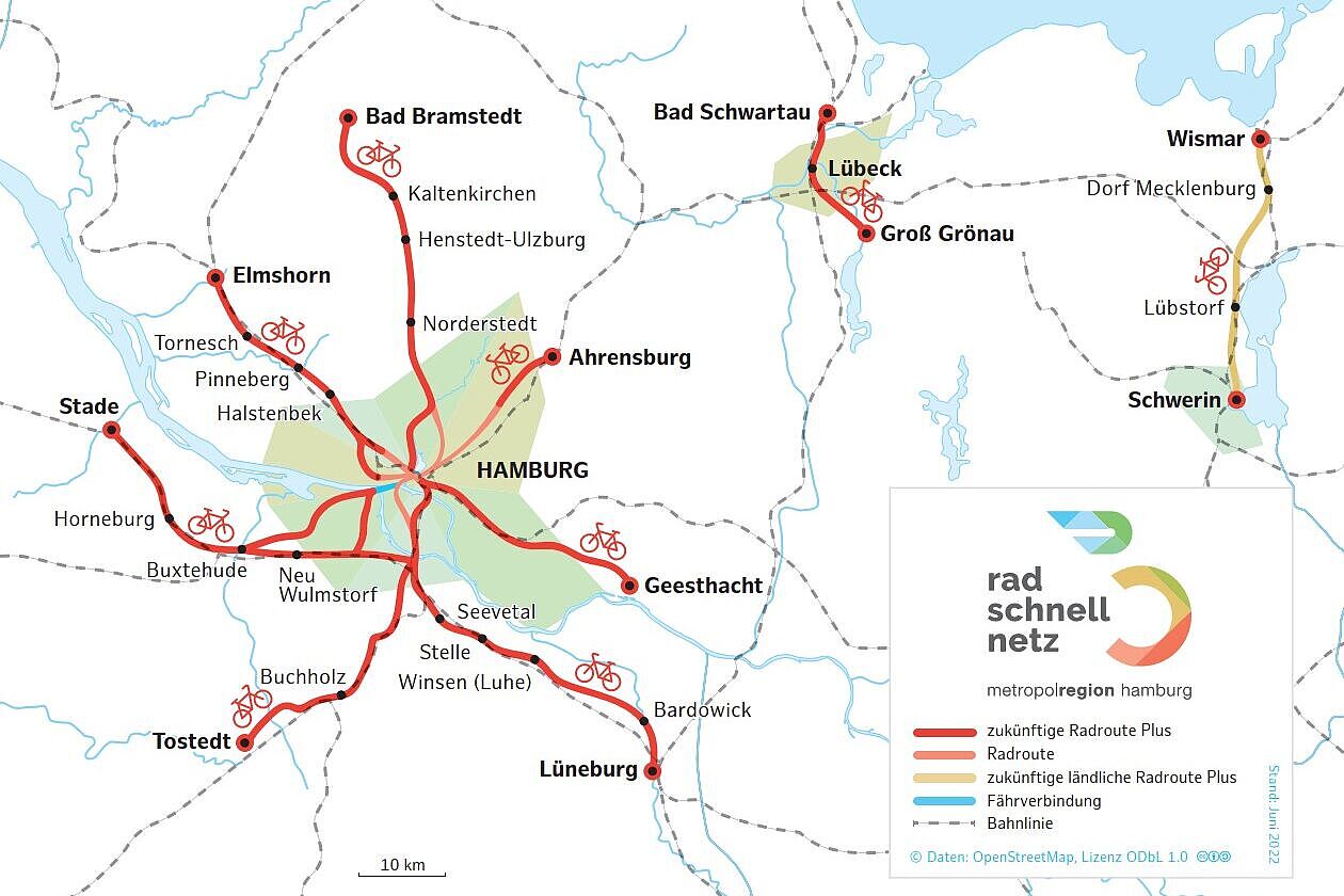 Das Radschnellnetz der Metropolregion HH zeigt die verschiedenen Routenvorschläge für Radschnellwege aus dem Umland nach Hamburg hinein. 