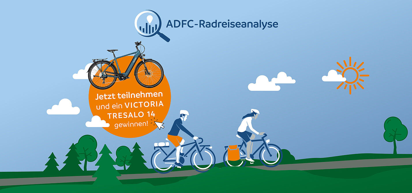 Grafik zur ADFC-Radreisenanalyse, zwei Personen fahren Rad, ein Kreis mit Info, dass man ein Fahrrad gewinnen kann