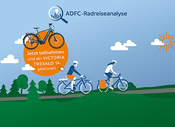 Grafik zur ADFC-Radreisenanalyse, zwei Personen fahren Rad, ein Kreis mit Info, dass man ein Fahrrad gewinnen kann